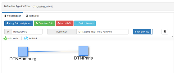 GTS GUI with two DTN hosts and a link